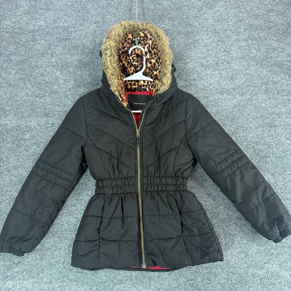 Weather Tamer Black Puffer Jacket Leopard Faux Fur Hood Girls Med 10-12 Winter